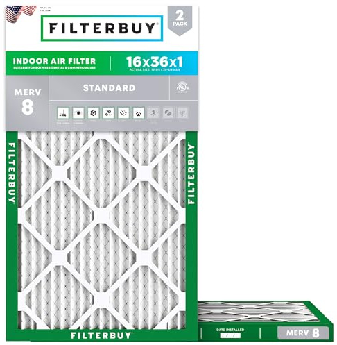 Filterbuy 16x36x1 Air Filter MERV 8 Essential Dust & Allergy Defense (2-Pack), Electrostatic Pleated HVAC AC Furnace Filters Replacement, Made in USA (Actual Size: 15.75 x 35.75 x 0.75)