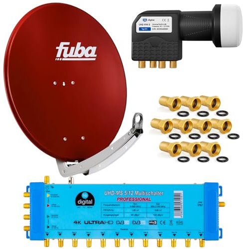 FUBA 12 TEILNEHMER DIGITAL SAT ANLAGE DAA780R + Profi LNB 0,1dB Full HDTV 4K + PMSE Multischalter 5/12 + 35 Vergoldete F-Stecker Gratis dazu