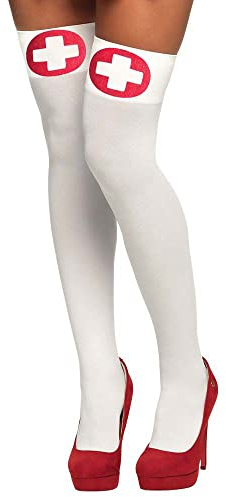 Boland 02254 - Strümpfe Krankenschwester, dehnbare Overknees, 100% Nylon, Socken, mit rotem Kreuz, Accessoire, Kostüm, Karneval, Themenparty, Mottoparty
