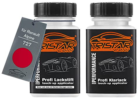 TRISTARcolor Peinture voiture Stylo retouche pour Renault 727 Rouge Vif +1K | pour Renault / Alpine, Spanisch Rot, Kit peinture de base + vernis, flacons de peinture avec pinceau, 50ml chacun