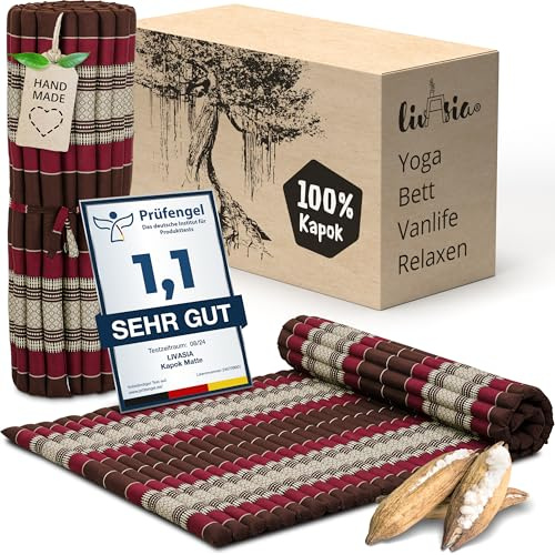 livasia Rollmatte Rollmatratze L-200x110x4,5cm, Gästebett Gästematratze 1 Person, Reisebett Kofferraum Outdoor, Thaimatte Kapok, Garten Balkon handgefertigt rubinrot