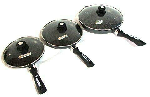 Schumann Professionnel - Lot 3 Poêles Moove Revêtement en Pierre - Compatibles Tous feux dont Induction - Fonte d'Aluminium Sans PFOA - Manches Amovibles en Silicone - Couvercles Inclus - 20/24/28cm