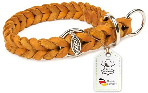 CopcoPet Hundehalsband Würger 50–55 cm x 25mm Cognac – Geflochtenes Halsband mit Zugstopp & verchromtem Ring – Aus robustem Fettleder – Für große Hunde – Weiches Lederhalsband fürs Training