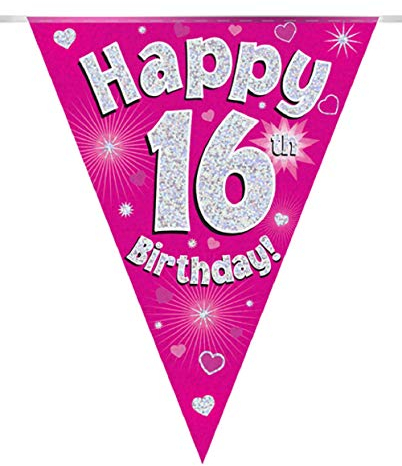 Party Bunting Happy 16th Birthday Pink Holographic 11 Flags 3.9m