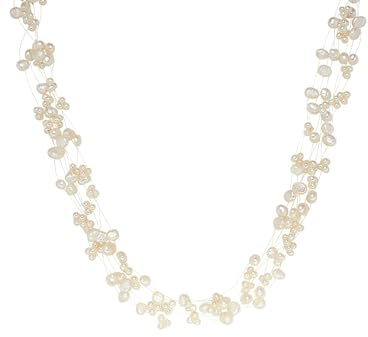 Valero Pearls Damen Kette 925/- Sterling Silber | rhodiniert, Perlenkette, Süßwasser-Zuchtperle, ca. 3,0 - 6,0 mm, weiß, potato, Karabinerverschluss, Nylon