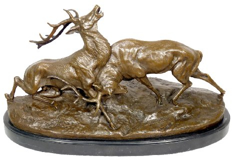 Kunst & Ambiente - Tierbronze - Der Hirschkampf - auf Marmorsockel - Majdoss - Hirsch Skulptur - Jagdmotiv - Hirsch Bronzefigur - Jagd - Jäger Figur