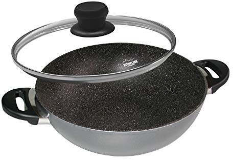 Stoneline Wok 32 cm, mit Deckel, Aluguss, Wok Pfanne beschichtet mit echten Steinpartikeln, grau, ohne Fett oder Öl kochen und braten, großer Wok Induktion