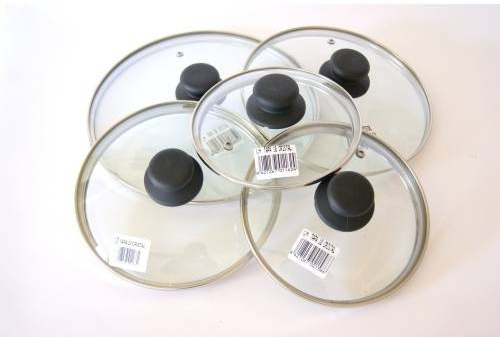 LOT DE 5 COUVERCLES EN VERRE BORD EN INOX VITRINOR Ø 16, 18, 20, 22 et 26 cm