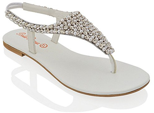 Ladies Flat Diamante Toe Post Womens Pearl Holiday Dressy Party Sandals Size 3-8 (UK 5 / EU 38, White)