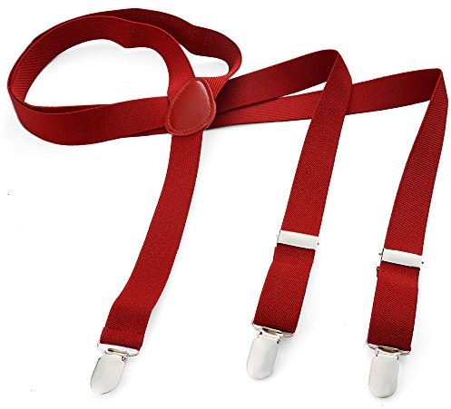 Herren Damen Long Hosenträger Y Form Style 3er Clips elastisch Schmal Unifarbe und Bunt mit verschiedenen Motiv, Rot (Rot),Gr. One Size