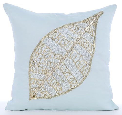 The HomeCentric Hellblau Dekorative Kissenbezug, Wulstiger Blatt Tropical Theme Kissenbezuge, 40x40 cm Baumwolle Leinen Kissen Abdeckungen Fur Couch, Blumen Art Deco Kissenbezuge - Gold Leaflet