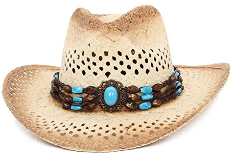 EOZY Women's Straw Cowboy Hat Bend Brim Fedora Hat Sun Beads Decorates Hollow Out Cowgirl Sun Hats for Beach Outdoor Brown