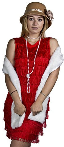 CHARLESTON FLAPPER KOSTÜM=ROTES FRANSEN KLEID SET+ PASSENDEM STIRNBAND +PERLEN KETTE= SET MIT BEIGE BLUMENTOPF HUT +WEIßER STOLA ODER SCHWARZEM HUT+ SCHWARZER STOLA=KLEID/XLARGE+BEIGE HUT +WEIßE STOLA