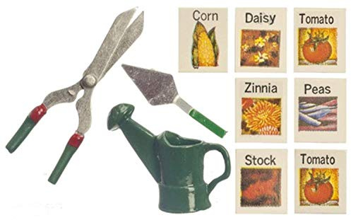 Dolls House Miniature Garden Accessory Set Seeds Watering Can Shears Trowel