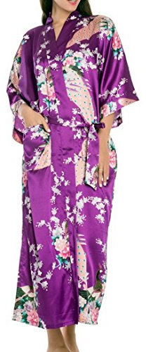 Kimono Chemise de Nuit Longue Femme Imprimé Soie Artificielle - Peignoir de Bain Femme pour Eté Automne - Violet - Taille 2XL
