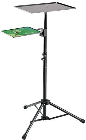 K&M 12150 Supporto per portatile nero, in acciaio - Supporto per portatile con tappetino del mouse - pieghevole, con treppiede - per stage, studio e conferenze