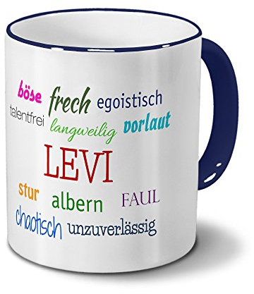 Tasse mit Namen Levi - Negative Eigenschaften von Levi - Namenstasse, Kaffeebecher, Mug, Becher, Kaffeetasse - Farbe Blau