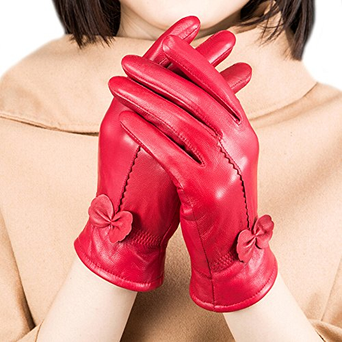Fletion Damen Luxus Eeichem Lammfell Lederhandschuhe Mit Fleece-Futter, Einheitsgröße, Rot