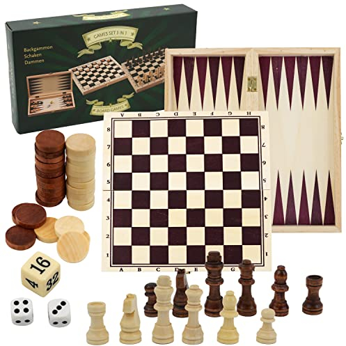 3 in 1 Wooden Compendium Board Game Set Family Games Chess Backgammon Draughts Age 3+