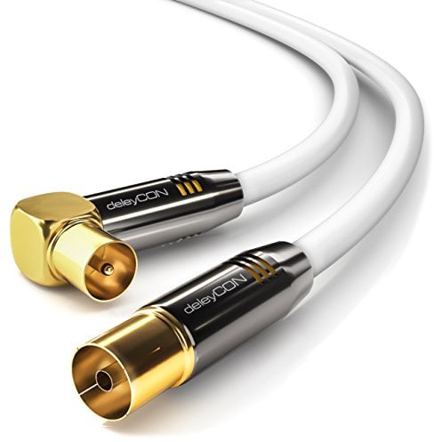 deleyCON 3,0m Cavo Antenna Coassiale - Spina TV Angolata 90° a Presa Dritto - HDTV Radio DVB-T2 Full HD - Spina in Metallo - Bianco