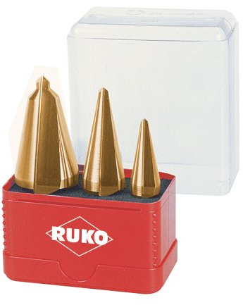 Ruko A101033T - Juego de brocas cónicas para chapa 3 piezas (HSS-TiN, 2 filos, Split point, vástago tres caras)