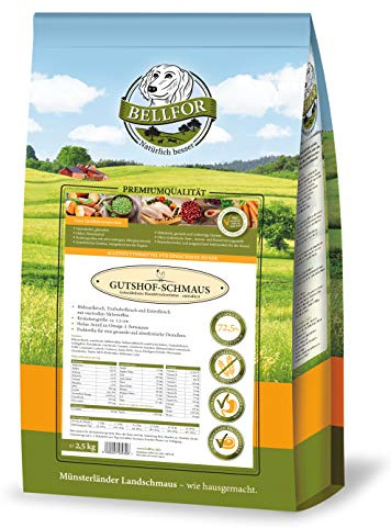 Bellfor Gutshof-Schmaus Hundefutter für mittelgroße Hunde 2,5 kg – Trockenfutter mit Huhn, Truthahn und Entenfleisch, Getreidefrei, 72,5% Fleischanteil, reich an Vitaminen und Mineralien