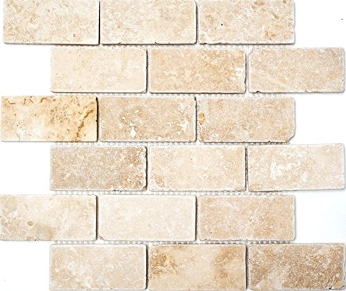 Mosaik Brick INULA Chiaro Antique TravertineTravertin Naturstein Küche, Mosaikstein Format: 48x100x10 mm, Bogengröße: 305x305 mm, 10 Bögen