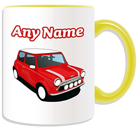 Personalisiertes Geschenk – Rot Mini Cooper Tasse (Design Thema, Farbe Optionen) – Für jede Nachricht/Name auf Ihrem Einzigartig – BMW Hatch Cabrio Clubman Countryman Coupe Roadster Paceman Fahrzeug Auto Automarke Cute Treiber, keramik, gelb