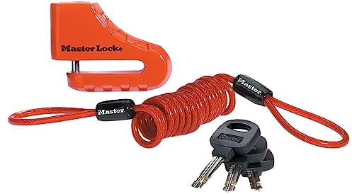 Master Lock Cadenas Antivol Bloque disque de frein pour moto/scooter/2-roues, antivol avec corde de rappel