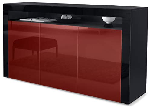 Vladon Sideboard Valencia, Made in Germany, Kommode mit 3 Türen und 1 offenem Fach, Schwarz matt/Bordeaux Hochglanz/Schwarz Hochglanz (155 x 92 x 40 cm)