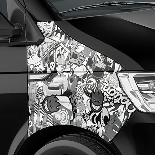 Auto-Dress® Stickerbomb Auto-Folie mit Luftkanal-Technik für 3D Car-Wrapping | Mit Marken & Logos, JDM Kfz Aufkleber (100x150cm, Design: Special, Farbe: Schwarz-Weiß, Finish: Matt)
