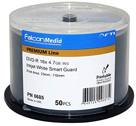 FalconMedia SmartGuard Bianco Inkjet Dvd-R – 16 x, 4.7 GB, hub-Printable, Resistente all' Acqua – 50 Pezzi