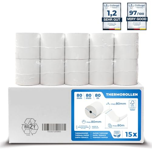Lot de 15 rouleaux de papier thermique de qualité supérieure 80 mm x 80 mm x 12 mm – Certifié pour imprimante de caisse comme Epson, IBM, Metapace, etc.