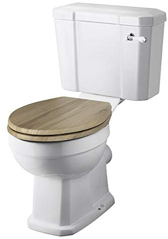 MILANO White Ceramic Close Coupled Toilet WC Pan and Warm Oak Effect Seat