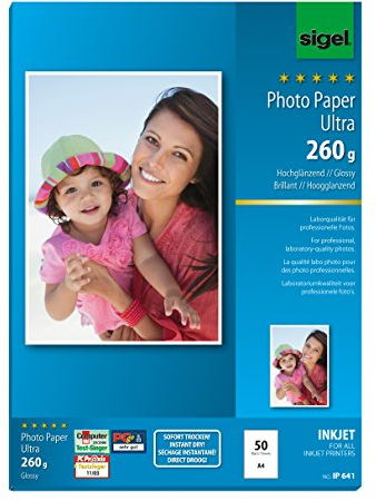 SIGEL IP641 InkJet-Fotopapier Ultra, A4, 50 Blatt, hochglänzend, extrem lichtbeständig, 260 g , für hochwertige Fotografien