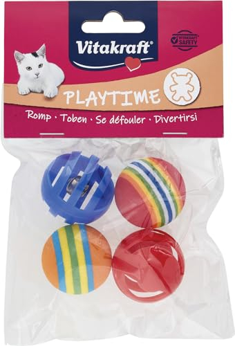 Vitakraft Rassel und Rainbow Bälle, Katzenspielzeug, mit Schellen und Regenbogenfarben (1 Paket mit 4 Bällen)