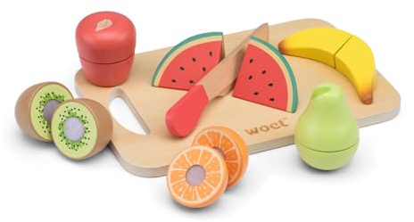 Woet Schneidbares Holz-Obstset, 6 Teile | Spiellebensmittel aus Holz, schneidbares Obstset, Spielzeugmesser und Schneidebrett, Spielküchen-Zubehör, ab 2 Jahren