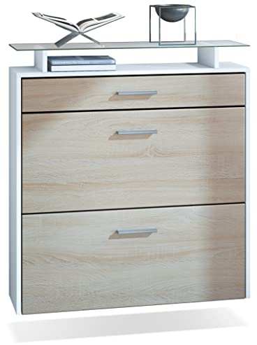 Vladon Schuhschrank Malea, hängender Schuhkipper für 16 Paar Schuhe mit 2 Klappen und 1 Schublade und Glasablage, Weiß matt/Eiche Sägegrau (89 x 96 x 23 cm)