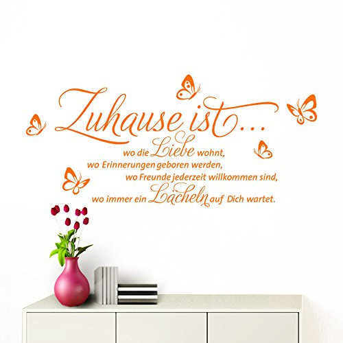Grandora Wandtattoo Zuhause ist I orange (BxH) 100 x 53 cm I Schmetterlinge Wohnzimmer Spruch Aufkleber selbstklebend Wandaufkleber Wandsticker W1133