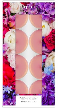 pajoma® Lot de 8 bougies chauffe-plat parfumées Roses et baies - Dans une coque en aluminium - Durée de combustion : environ 4 heures - Hauteur : 1,5 cm - Diamètre : 3,5 cm - Qualité supérieure - Pour