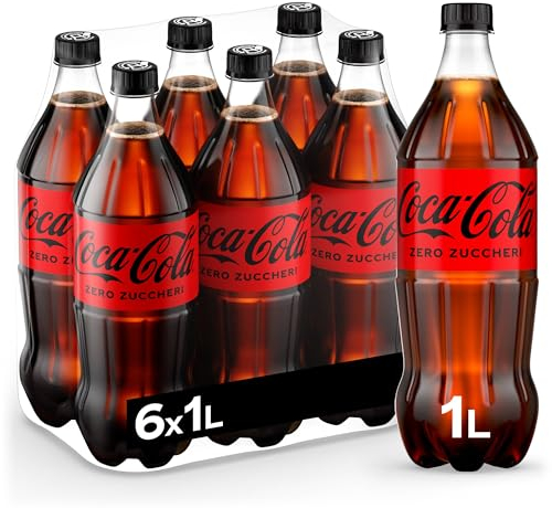 Coca-Cola Zero Zuccheri – 6 Bottiglie da 1 L, Tutto il Gusto della Formula Coca-Cola Senza Calorie, in bottiglia PET 100% Riciclabile, Bevanda Analcolica con Edulcoranti