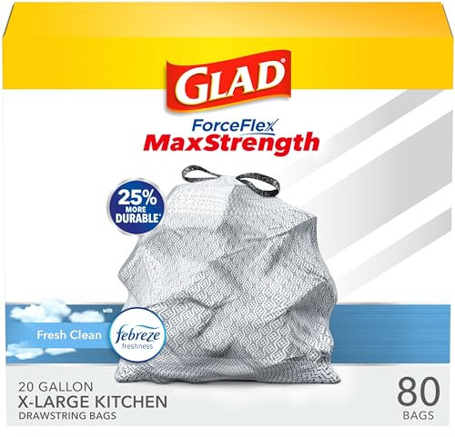 Glad ForceFlexPlus XL - Paquete con 80 bolsas de basura con cordón, para cubos de cocina de 75 l, perfumadas, color gris (el embalaje puede variar)