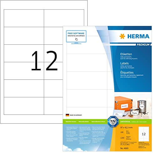 HERMA 4669 Universal Etiketten, 100 Blatt, 97 x 42,3 mm, 12 pro A4 Bogen, 1200 Stück, selbstklebend, bedruckbar, matt, blanko Papier Klebeetiketten Aufkleber, weiß