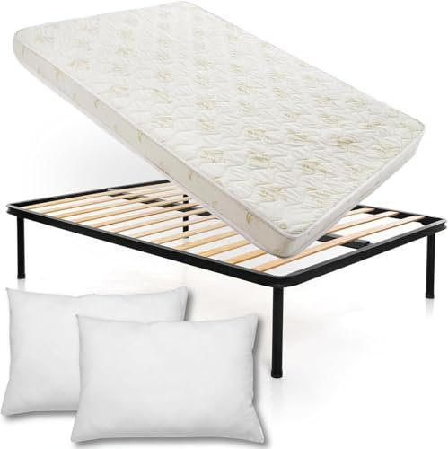 DOLCI SOGNI Set Rete Letto Matrimoniale 140x190, Rete e Materasso Matrimoniale Alto 14 cm e 2 Cuscini Omaggio, Rete Matrimoniale 140x190 e Materasso Waterfoam 100% Made in Italy