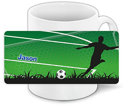 Tasse mit Namen Jason und grünem Fußballer-Motiv für Jungs - Tasse für Kinder Keramiktasse