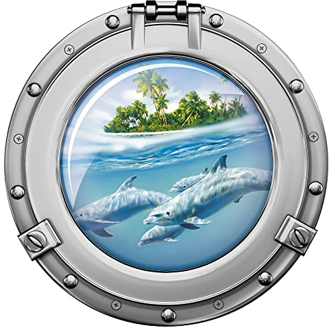 GRAZDesign Wandtattoo Bad Bullauge Delfine | Wandsticker Wandaufkleber Bad, Tür, Fliesenaufkleber Klebefolie Waschmaschine Fliesen | maritime Deko Meer - 40x40cm