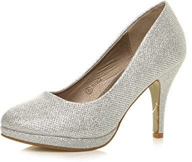 Ajvani Womens Ladies mid high Heel Platform Work Evening Court Shoes Pumps, 6 UK, Silver Glitter Mesh
