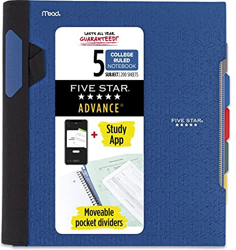 Five Star modernes Spiralen-Notizbuch, 5 Fächer, mittelbreites, liniertes Papier, 2 Blatt, Farbe wird variieren (6326) 1 Packung kobalt