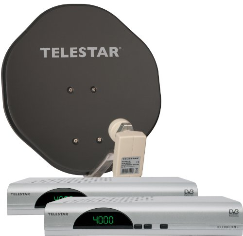 Telestar Alurapid 45 2-Teilnehmer Sat-Komplettanlage (inkl. 45cm Spiegel, Twin-LNB, 2x Sat-Receiver Teledigi 3 S+) grau