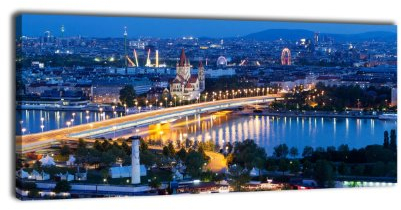 wandmotiv24 Leinwandbild Panorama Nr. 220 Wien bei Nacht 100x40cm, Keilrahmenbild, Bild auf Leinwand, Östereich Wien Prater